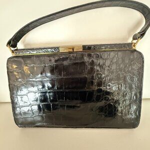 VINTAGE BELLESTONE BLACK ALLIGATOR HANDBAG RED LEATHER INTERIOR 1950S PURSE